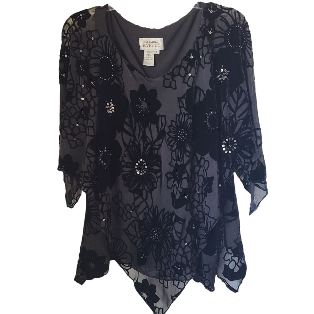 Adrianna Papell Beaded Shear Layered Top Velour Flowers Silk Blend